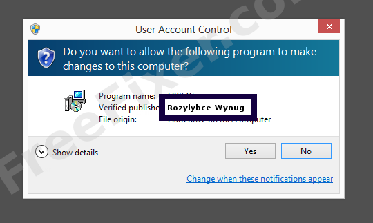 Screenshot where Rozylybce Wynug appears as the verified publisher in the UAC dialog